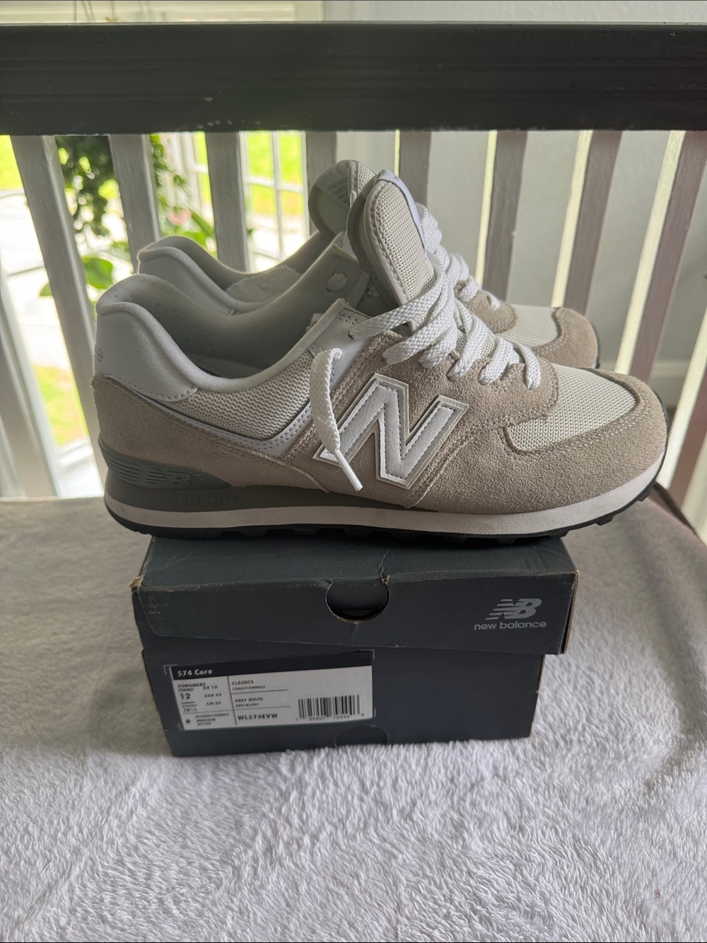 New Balance beige and white suede low-top sneakers